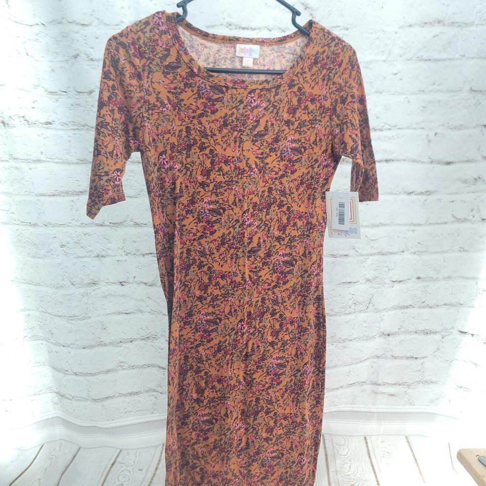 LuLaRoe Julia Knit Dress SZ XXS Mustard Yellow Tan Pink Flowers Nwt